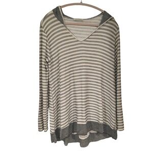 A‎ La Tzarina Hoodie Lg Cream Grey Striped V-Neck Tunic Lightweight Knit Casual